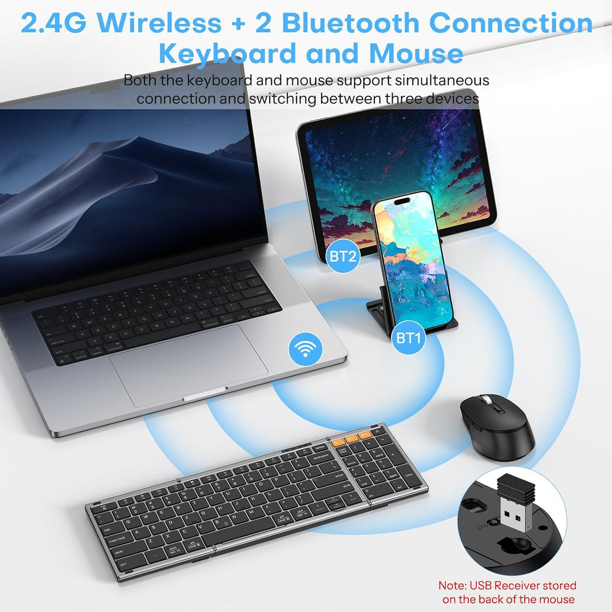 Foldable Keyboard and Mouse for 3 Devices, OMOTON Wireless Bluetooth Combo