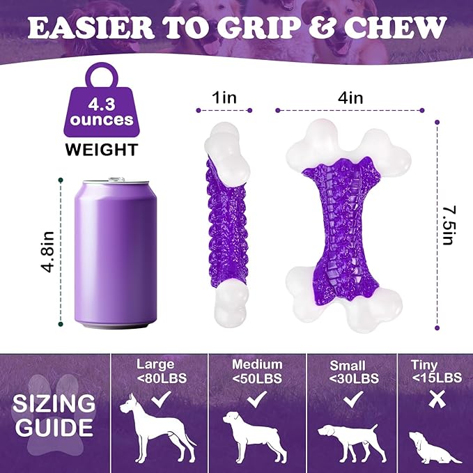 6-Pack Indestructible Dog Toys for Aggressive Chewers: Bacon Flavored Hard Nylon Bone Chew Toys, Tough Dog Chew Toys for Large Dogs, Dog Toys to Keep Them Busy for Medium Large Breed, Purple