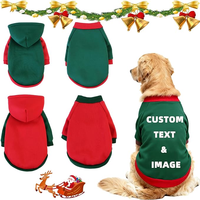Custom Dog Hoodie, Personalized Sweatshirt with Photo Text Name Logo, Customized Hooded Sweater for Small Medium Large Dogs & Cats (Green + Red Sleeves, Large)