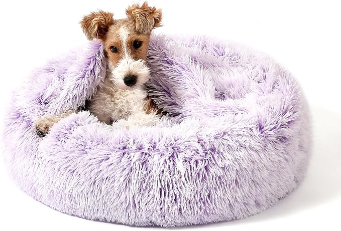 NOYAL Calming Dog Bed for Anxiety, Hooded Donut Cave with Blanket, Plush Fluffy Washable Pet Bed for Small Medium Dogs & Cats