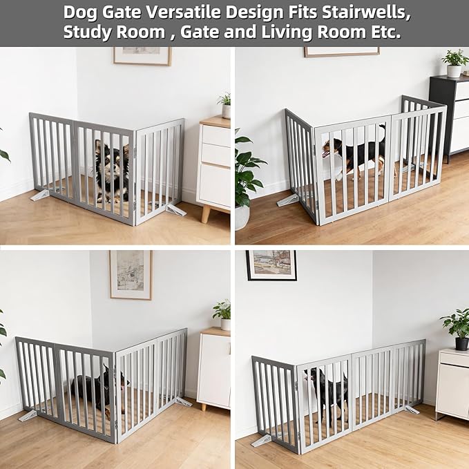 Dog Gate Indoor, Freestanding Dog Fence for The House, Doorways, Hallways,or Stairs,Pet Gate Foldable Wooden,Expandable 24" Height 3 Panels,Grey