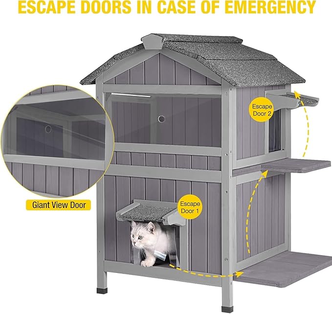 Aivituvin Outdoor Heated Cat House Two Story Feral Cat Shelter Weatherproof Cat Enclosure for Winter Kitty Condo with Escape Doors