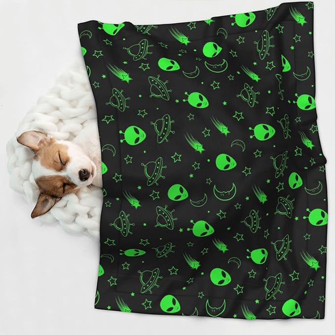 Pet Blanket for Couches and Beds, Green Alien Moon Spaceships Planet Black, Reversible Double Sided Plush Design with Soft Bumpy Texture and Smooth Surface, Furniture Protector