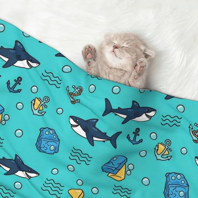 Reversible Plush Pet Blanket for Puppies Kittens, Cute Shark and Anchor, Double Sided Gentle Dot Texture for New Pets Adjusting to Home Environment Softly