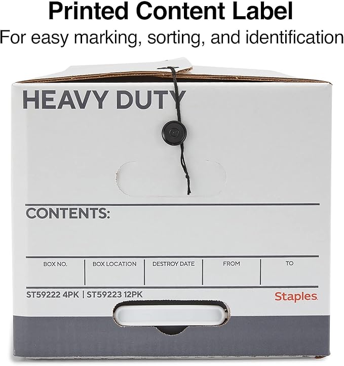 STAPLES Storage & Filing Box, Heavy-Duty with Handles & String-Button Lid, Letter Size Documents, Stackable, 4-Pack, White/Gray