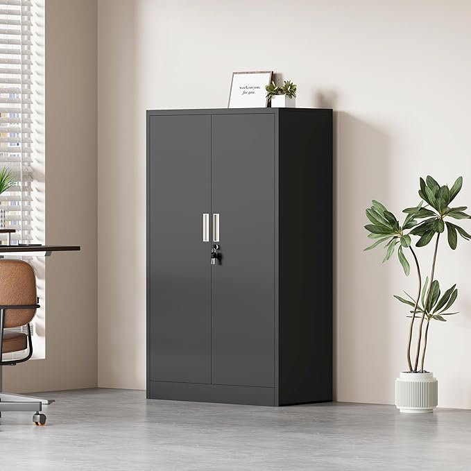 Metal Storage Cabinet with Locking Doors and 3 Adjustable Shelves, Lockable Storage Cabinets for Home Office Garage Kitchen Pantry (Black)