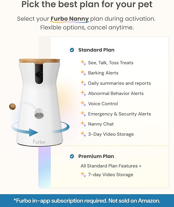 Furbo 360° Dog Camera [Subscription Required] Unlock w/Paid Plan: Home Security & Dog Safety Alerts, Rotating Pet Treat Toss, 2-Way Speaker (Low Risk, 3mo Min. Cancel Anytime)