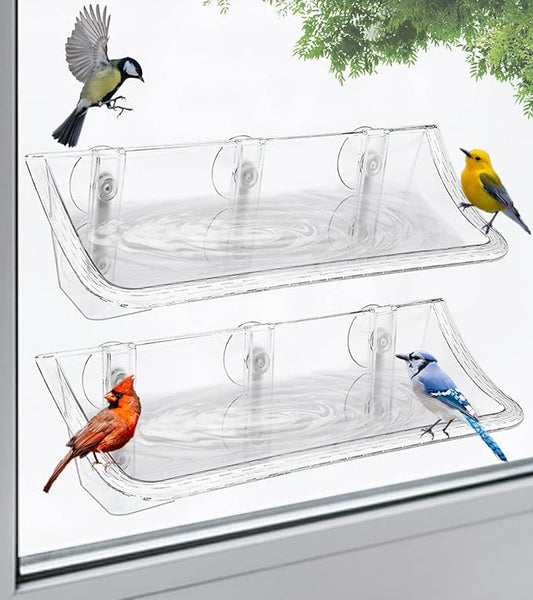 Clear Window Mounted Bird Feeder Bath with Strong Suction Cups for Outside, Transparent Glass Birdfeeder Birdbath for Cats, Kids, Elderly Viewing, 2 Pack