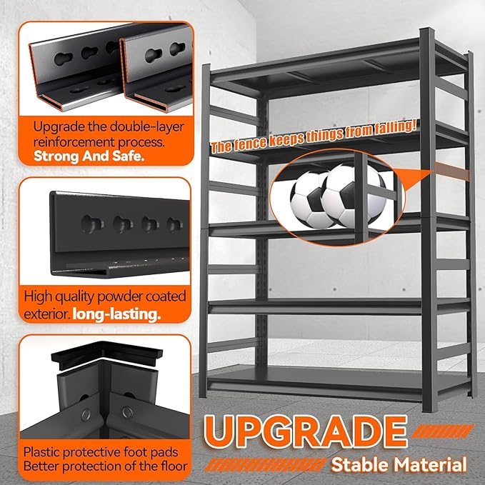 Metal Garage Shelving Unit, Heavy Duty Steel Storage Shelves, 3000 lbs Capacity, Adjustable 5-Tier Metal Shelf, Ideal for Garage, Warehouse, or Home Organization (with fence 47.24" W x 18" D x 78" H)