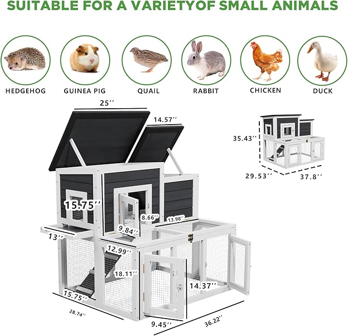 Outdoor Chicken Coops for 2-4 Chickens, All Weather Used Wooden Quail Cage Duck Coop Outdoor with Asphalt Roof, Ramp Openable Top Pull-Out Tray for Small Animals (White2)