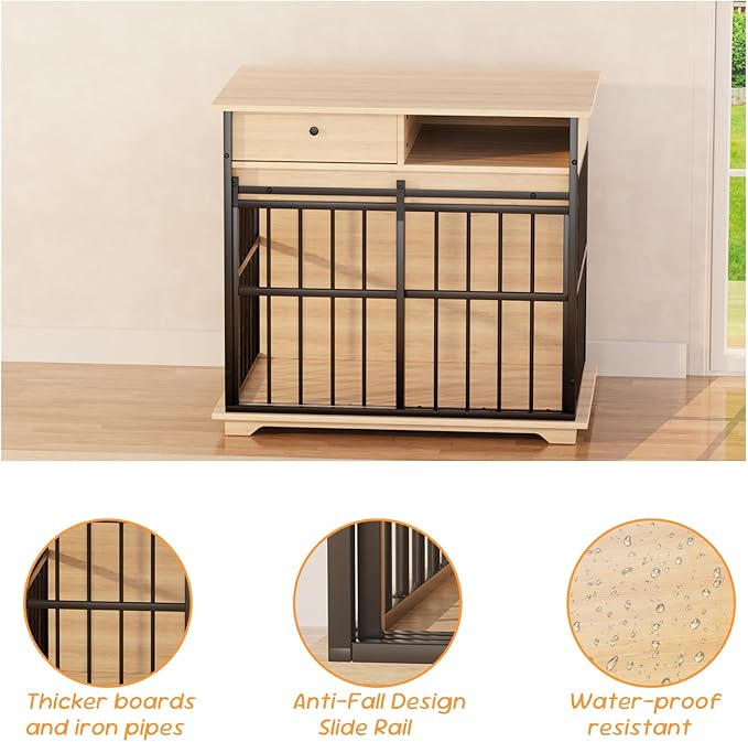 35.5" Dog Crate Furniture, Dog Kennel Indoor with Wheels for Medium Small Dogs, Wooden Dog Crate End Table with Drawer, Open Shelves and Sliding Door, Dog Kennel Furniture for Living Room, Bedroom