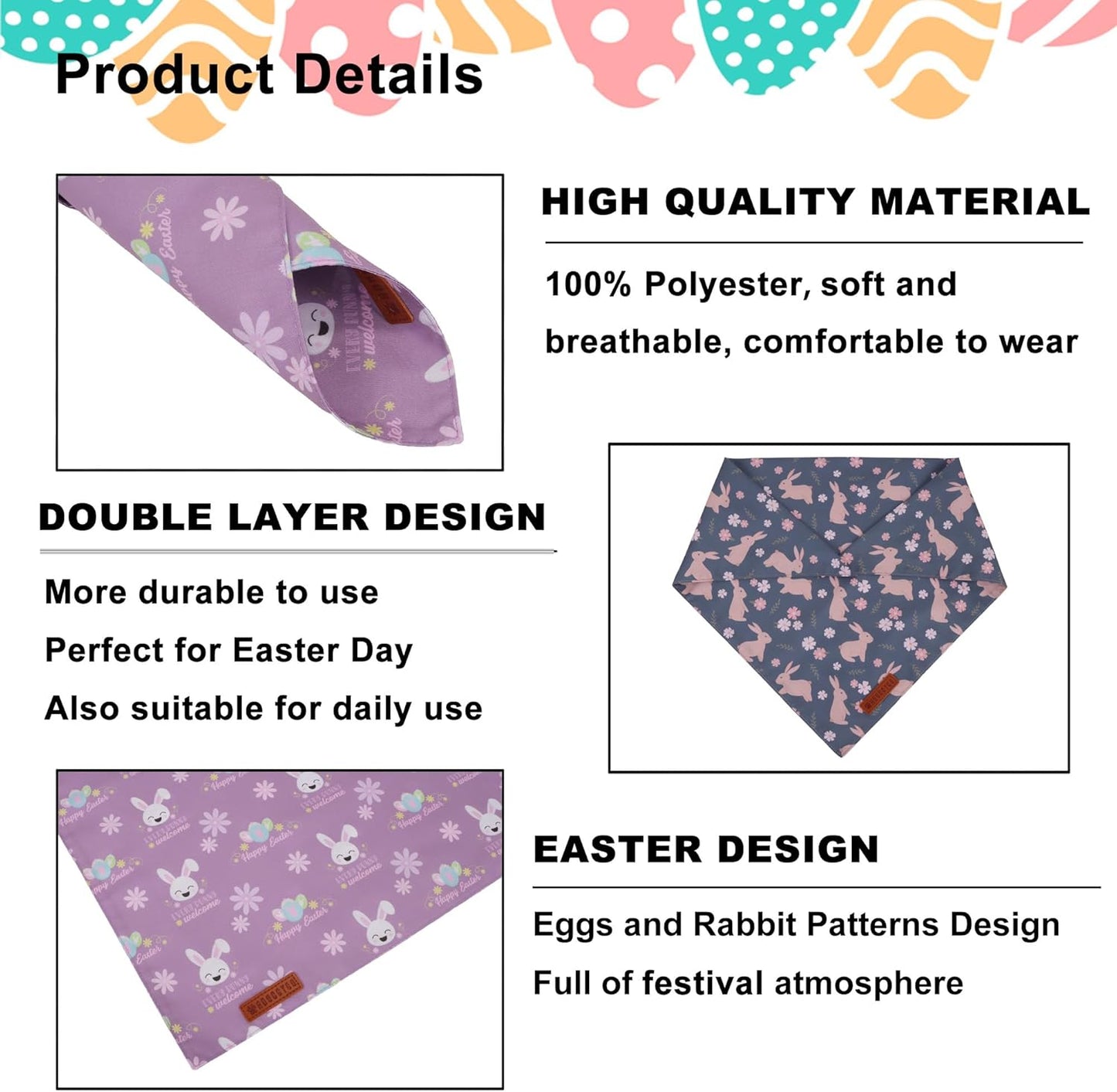 ADOGGYGO Easter Dog Bandanas, Reversible Bunny Floral Pet Scarf, Multi Size Offered, Rabbit Easter Bandana for Medium Large Dogs Pets (Large)
