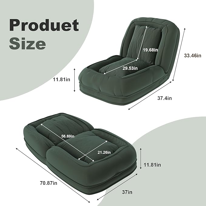 Adjustable 5-Position Human Dog Bed for People, Big Comfy Plush Floor Gaming Lazy Sofa Chair with Pillows & Back Support, Foldable Lounge Loveseat Couch for Living Room Bedroom (Green①)