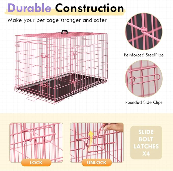 PayLessHere Small Dog Crate Kennel 24 inches Metal Dog Cage Double-Door Folding Travel Indoor Outdoor Puppy Playpen with Divider and Handle Plastic Tray,Pink