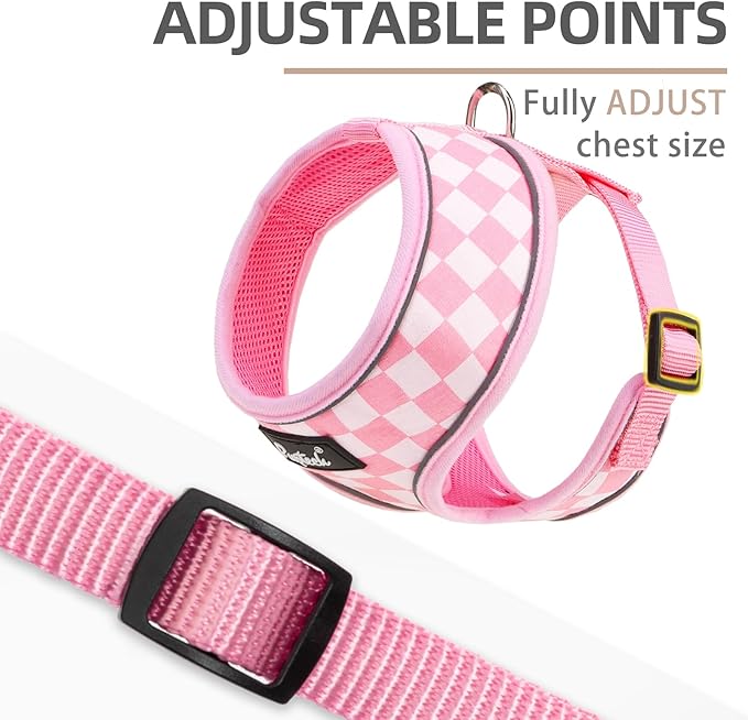 PUPTECK Soft Mesh Dog Harness and Leash Set Pet Puppy Cat Comfort Padded Vest No Pull Harnesses, Checkered Pink&White, S