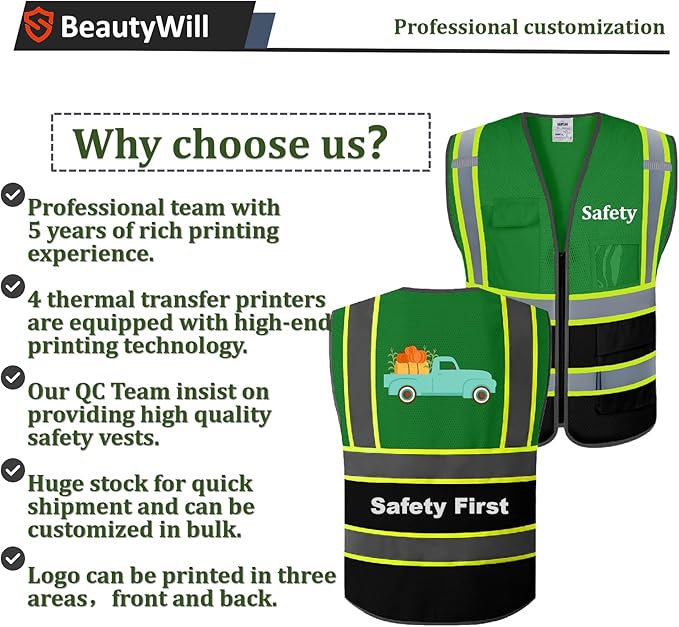 5 Pack Custom Safety Vest Customized Logo Mesh Vest Class 2 High Visibility Reflective Vest with Pockets Workwear（Green Black，L ）