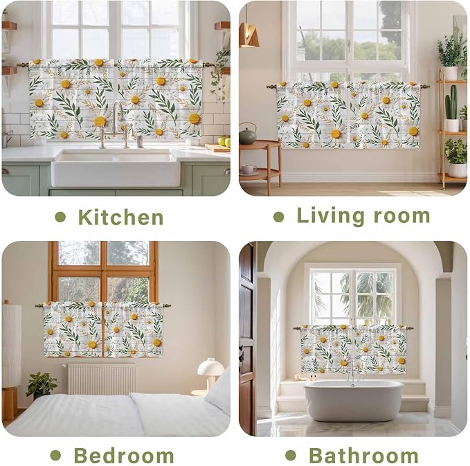 Spring Daisy Tier Curtains, Farmhouse Country Flower Leaf Plant Wood Grain