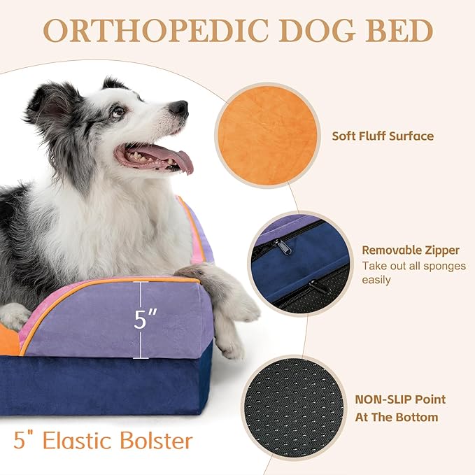 Comfort Expression Orthopedic Dog Bed for Extra Large Dogs 45x35 Inch, Waterproof Egg Crate Foam XL Pet Bed with Removable Bolsters, Dog Couch with Washable Cover & Non-Slip Bottom, Orange Breeze
