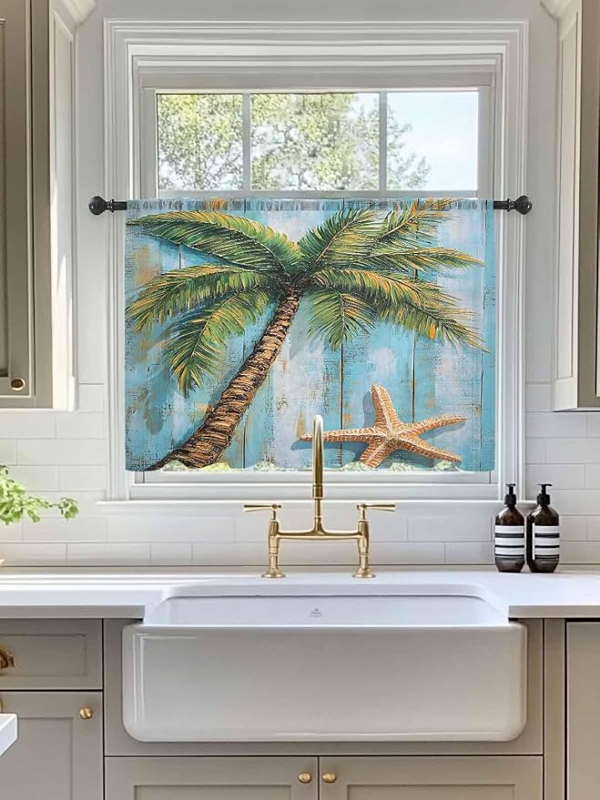 Sheer Curtains 54 Inch Length, Coastal Beach Tree Semi Sheer Curtains Light