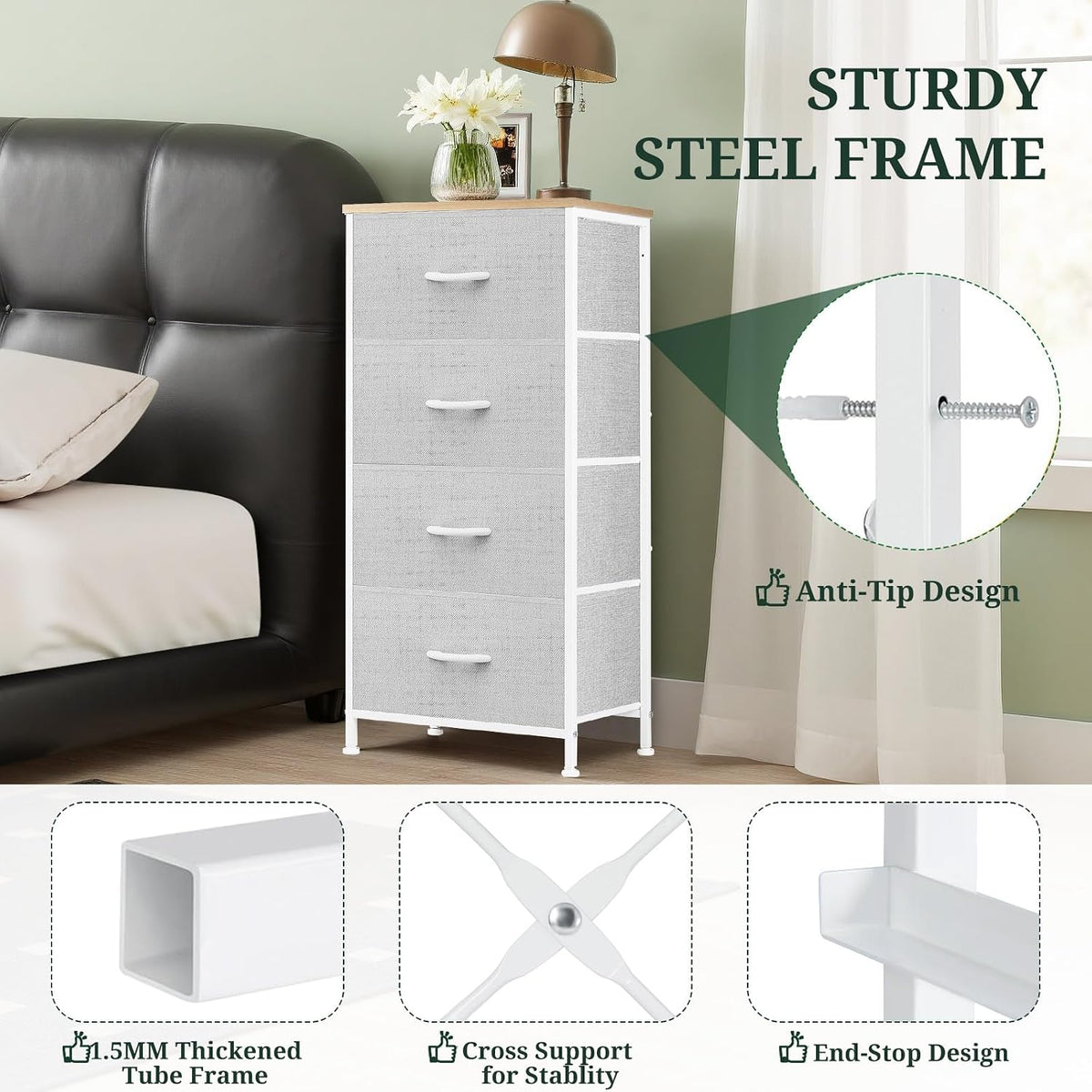 4 Drawers Dresser for Bedroom Fabric Storage Tower with Wooden Top