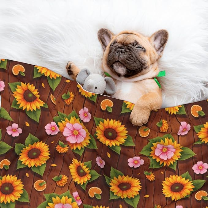 Two Sided Plush Pet Blanket for Warmth Comfort, Western Wood Rustic Sunflowers, Reversible Throw with Cozy Nubby Side for Chilly Nights Napping Spots Around House