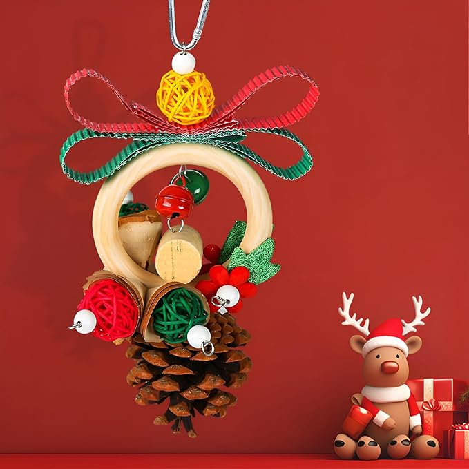 Christmas Bird Toys Foraging Shredder Hanging Toys Rope Perch with Bell Parakeet Toy Parrot Swing Climbing Standing Toys Bird Cage Accessories for Conure Cockatiel Budgies Lovebird