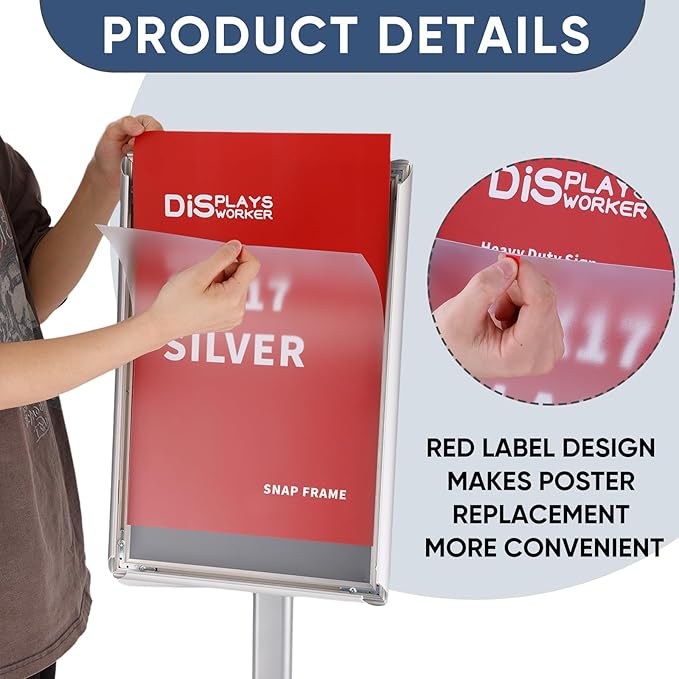 DISPLAYSWORKER Adjustable Heavy Duty Pedestal Sign holder floor Stand,sign stand poster stand Aluminum Snap Open Frame,Standing Floor for 11x 17 inch,Vertical/Horizontal View,SILVER