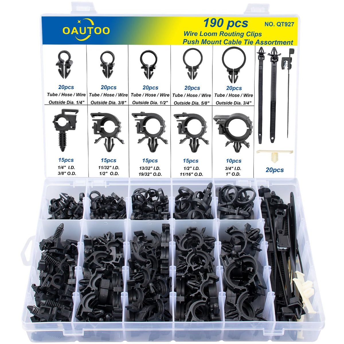 190pcs Wire Loom Routing Clips Push Mount Cable Tie Assortment