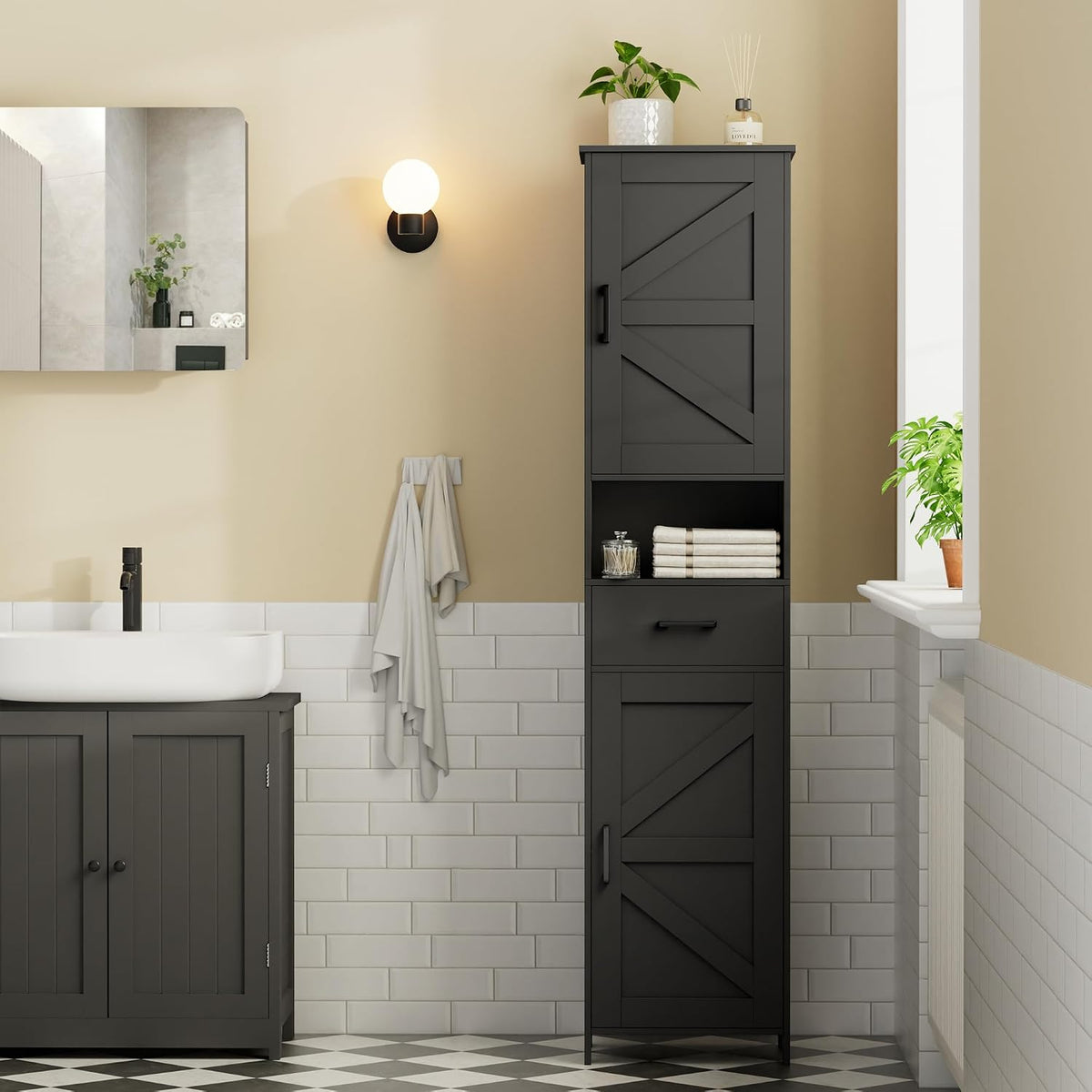 Homhedy 67" H Tall Bathroom Storage Cabinet with Barn Doors and Drawer