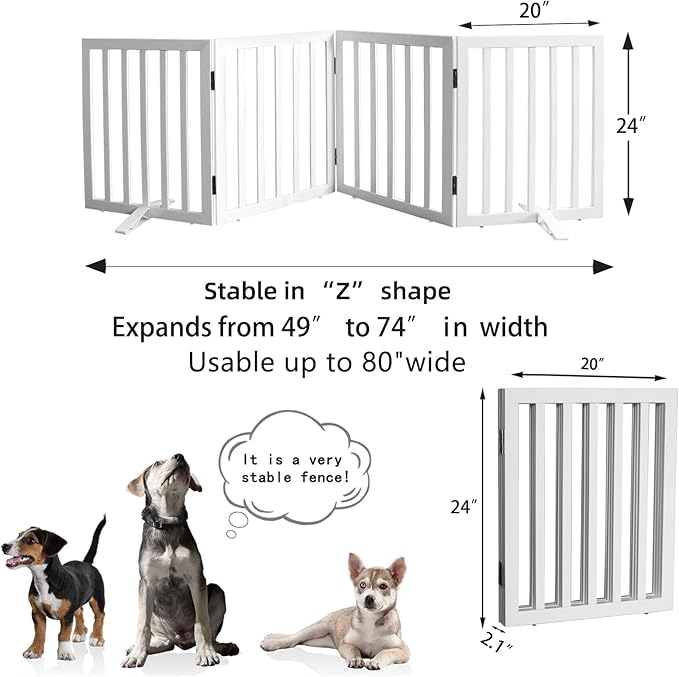 Dog Gate Indoor, Freestanding Dog Fence for The House, Doorways, Hallways,or Stairs,Pet Gate Foldable Wooden,Expandable 24" Height 4 Panels,White