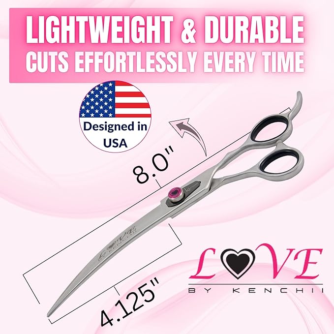 Kenchii Love Left Handed Dog Grooming Scissors, 8 Inch Curved Shears, Dog Scissors for Grooming, Professional Pet Grooming Scissors, Ergonomic & Comfortable