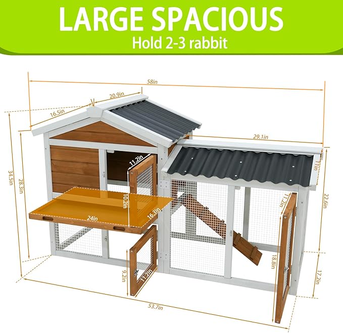 58-Inch Solid Wood Hutch/Cage for Indoor & Outdoor Use with Waterproof Roof – Suitable for Rabbits, Small Rodents & Pets, 2-Tier Design with Stairs and Removable Pull-Out Cleaning Tray（41314）