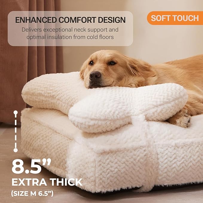Soft Touch Faux Fur Dog Bed for Medium to Large Sized Dogs 8.5" Extra Thick, Orthopedic Pet Bed with Waterproof Liner and Washable Cover, with Removable Cute Pillow, Cream Color