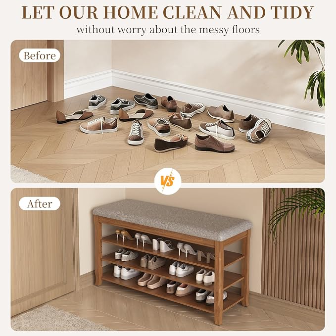 Solid Wood Shoe Bench with Storage, Flip-Top Soft-Close Lid, Adjustable Shelves