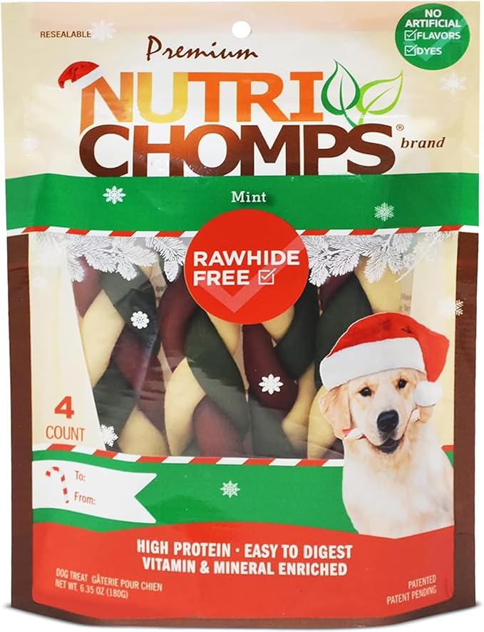 NutriChomps Dog Chews, 6 inch Braids, Mint Flavor, 4 count, Easy to Digest, Rawhide Free, Holiday Stocking Stuffer Treats, Christmas Gift for Dogs