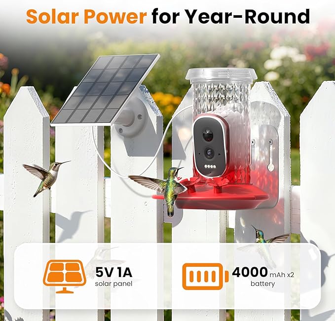 Smart Hummingbird Feeder Camera with AI Identification, 2.5K HD & Color Night Vision, Solar Powered Outdoor, IP66 Weatherproof – Garden Decor & Gift for Bird Lovers