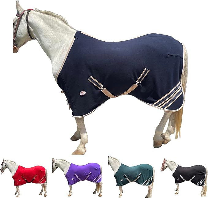 Majestic Ally Anti Pill Fleece Horse Blanket/Sheet with Silver Braided Rope (Navy, 76)
