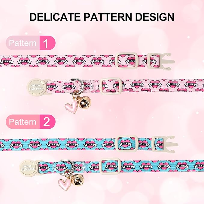 Unique Style Paws Pink Kitten Collars,Cute Valentine Cats Collar with Bell,Kitten Collar Breakaway Buckle with Heart Pattern,Adjustable Valentine Cat Collars,Ideal Gift for Boy Girl Cats