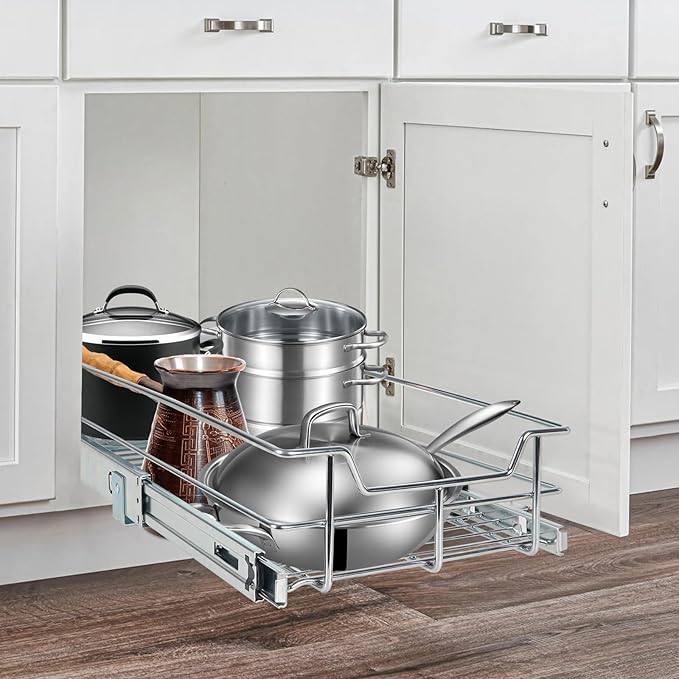 Pull Out Cabinet Organizer 14" W X 22" D, Slide Out Drawers For Kitchen Organizers and Storage, Pull Out Drawers For Cabinets Capacity Heavy Duty Caddy, Cabinet Shelves Chrome-Plated, Bathroom Pantry