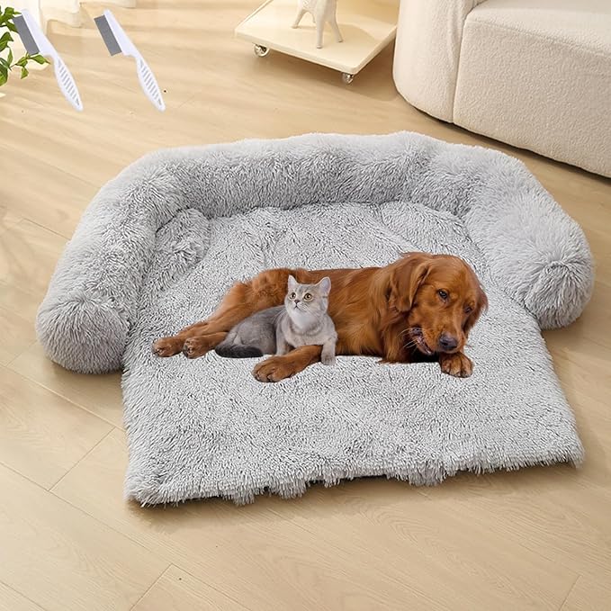 Dream Cloud Pet Sofa Bed for Dogs Cats, 2026 Washable Removable Calming Fluffy Plush Mat for Furniture Protector, Long Fur Non-Slip, for Small/Medium/Large Home Pets (Grey, L: 37.4 * 33.5IN)