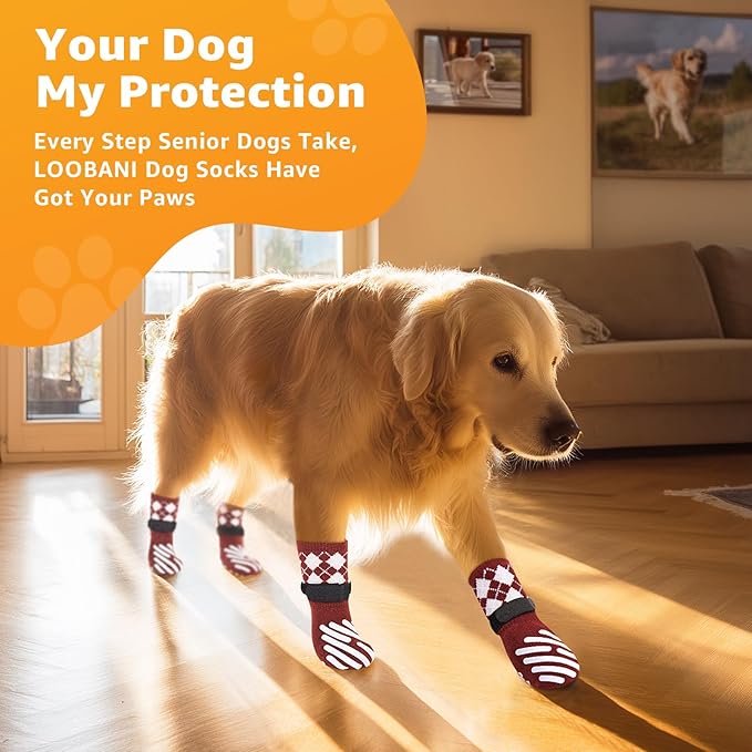LOOBANI Dog Socks to Prevent Licking Paws - Dog Socks for Hardwood Floors Anti Slip for Traction Control - Dog Grippy Socks for Senior Dog Small Medium Large Dogs on Tile Floors, Red S
