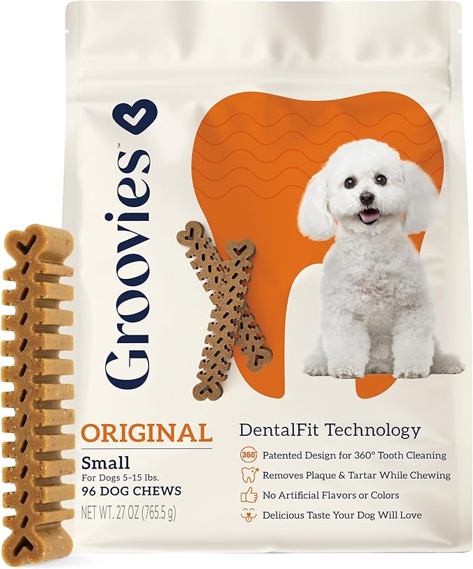 Groovies Flexible Dog Dental Chews with Patented DentalFit Technology to Help Support Tartar Control & Fresh Breath, Small Dog Chews for 5-15 lb Dogs, USA Manufactured Oral Care, 96 Chews