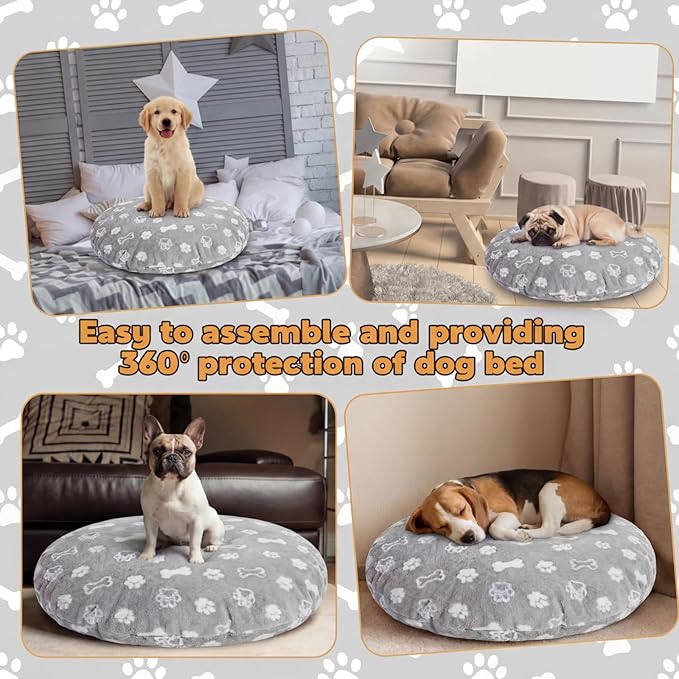 Oudain Washable Round Dog Bed Cover 30 x 30 x 10 Gray Paw Bone Prints Waterproof Dog Bed Cover Replacement for Round and Donut Dogs Beds Scratch Resistant Mattress Protector