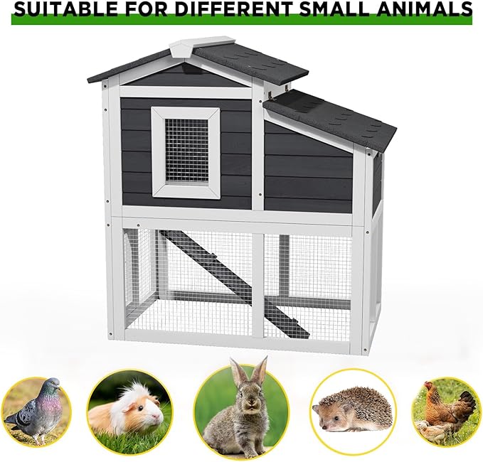 Bunny Cage Premium Rabbit Hutch with Leak-Proof Roof, 2-Story Bunny House for Guinea Pigs & Hamster,Wooden Chicken House with Deep Pull-Out Tray, Waterproof Chicken Coop for Outside