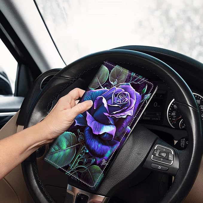 Car Registration and Insurance Holder, Leather Car Glove Box Organizer, Cool Car Accessories for ID, Driver's License Cards & Essential Document,Business Cards,Men&Women,Purple Rose Flower