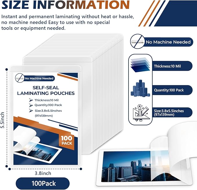 100 Pack 10 Mil 3"x5" Self Sealing Laminating Pouches Self Adhesive Lamination Pouches Clear Laminate Sheets for Photos Index Cards Office School(No Heat Laminating Sheets & No Laminator Machine Need)