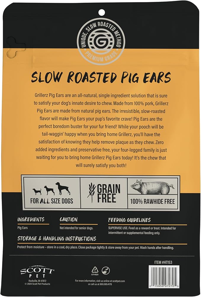 Scott Pet Grillerz Real Pig Ears, 12 Count, Single Ingredient, All Natural Pig Ears for Dogs, Dog Chew for Healthy Teeth, High Protein, Easily Digestible, for Adult Life Stages