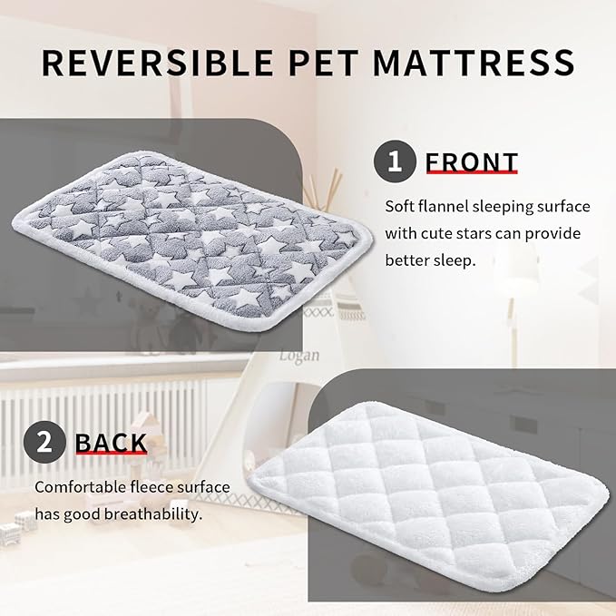 Soft Reversible Dog Crate Mat 2Pcs, Cat Mat - 24x16 Inch, Short Plush Pet Mat, 0.6-inch Thick Thin Dog Mat, Dog Bed Mat for Small Dogs, Machine Washable Ideal for 24-Inch Dog Crates
