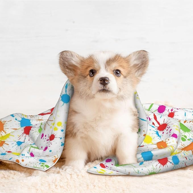 Two Sided Plush Pet Blanket for Crates Carriers Home Use, Paint Splatter Colorful, Reversible Throw with Cozy Dot Fabric and Silky Reverse for Small Large Pets