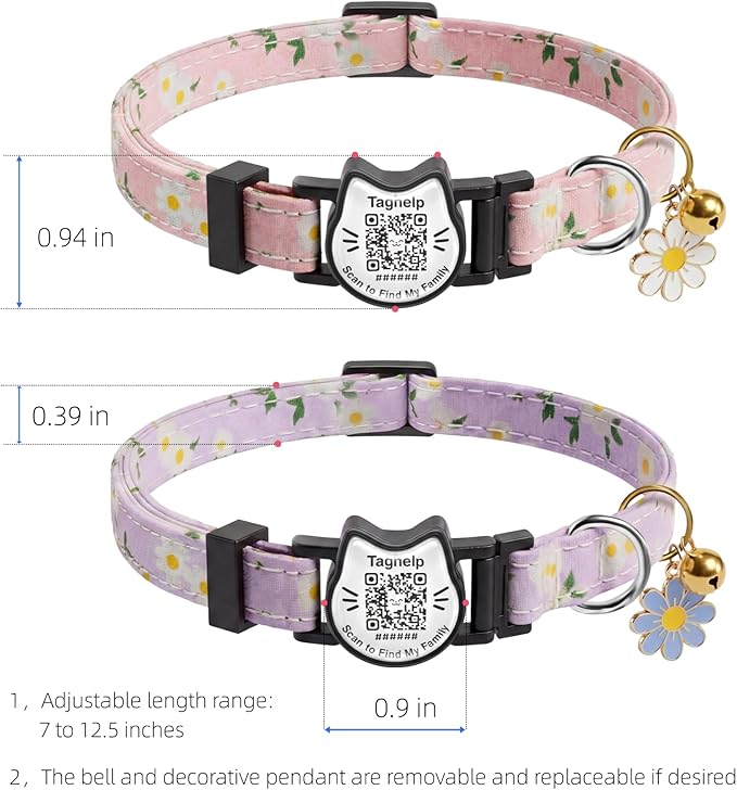 Cute Floral Breakaway Cat Collar with QR Code ID Tag, Soft Cotton Adjustable Kitten Collar with Bell, Personalized Scan ID for Cats, Daisy Pattern,Flower Pendant (Pink)